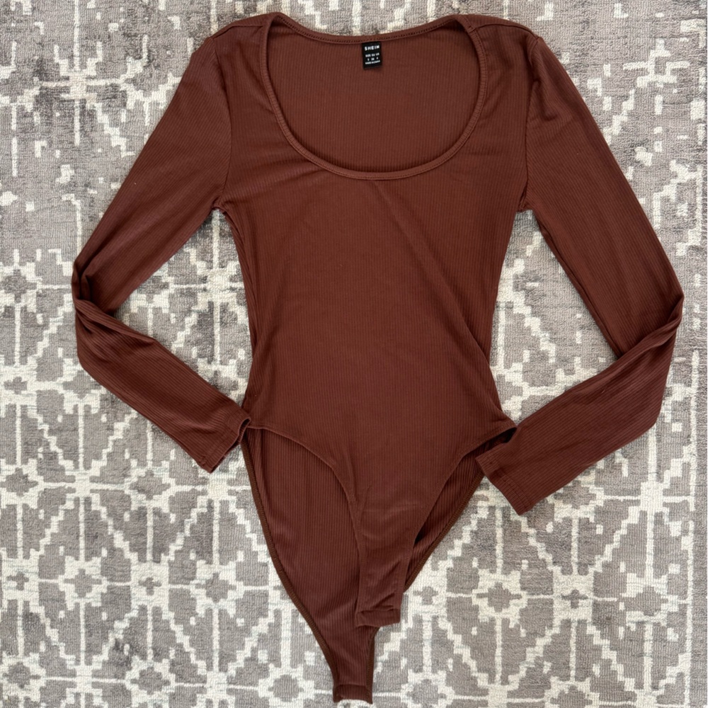 SHEIN Brown Ribbed Scoop Neck Long Sleeve Bodysuit Size Small